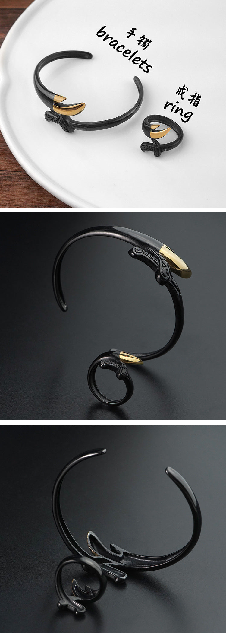 New Style Personality Stainless Steel Open Ring Bracelet Set Dark Cool Black gold Titanium Steel Jewelry Accessories