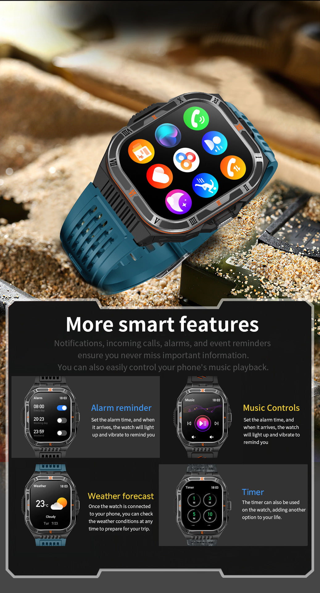 HT38Smart Watch Bluetooth Call Heart Rate Pedometer Sleep Flashlight Deep Waterproof Large Battery Three-Proof Sports