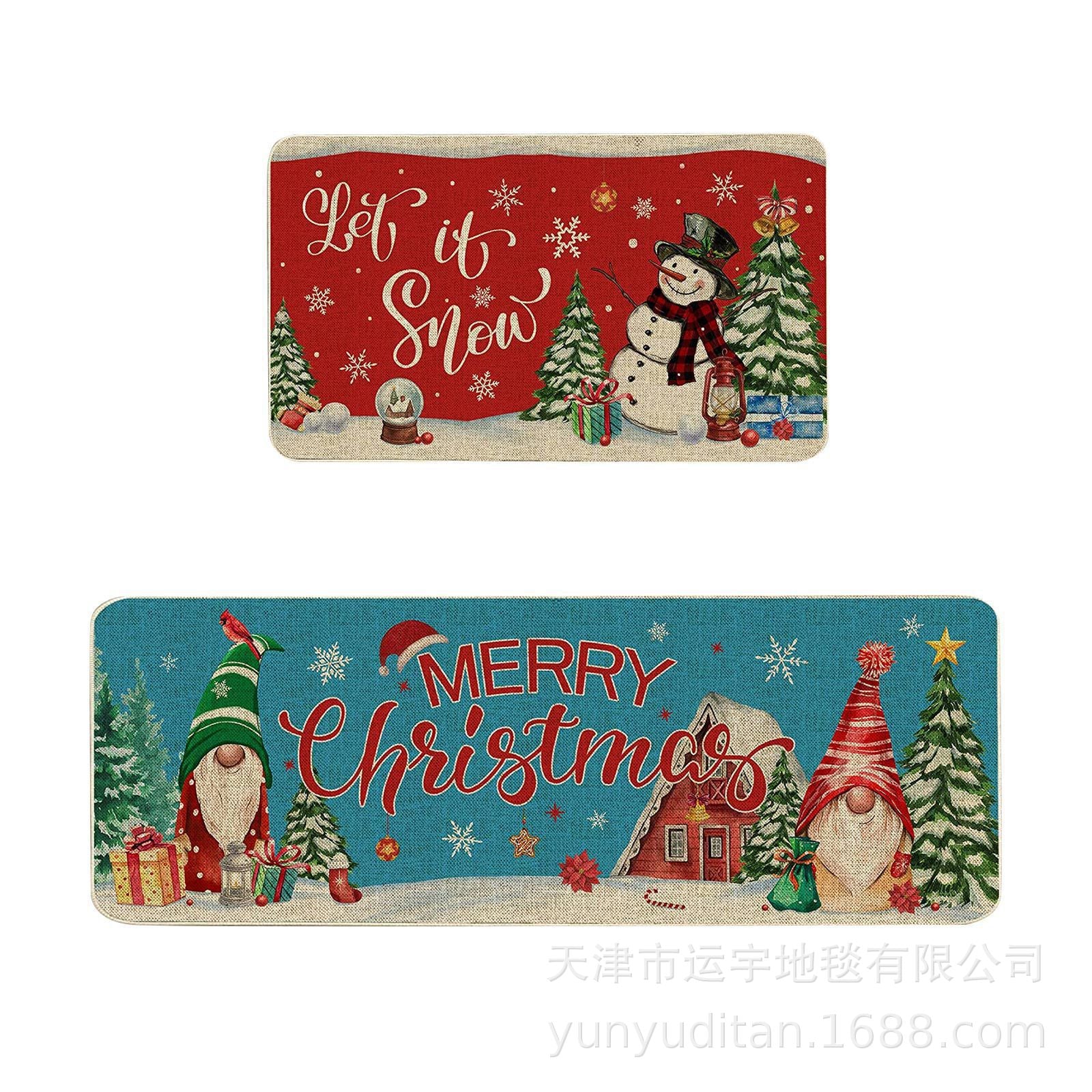 Christmas Kitchen Floor Mat Two-Piece Set Crystal Velvet Water-Absorbent Oil-Absorbent Non-Slip Foot Mat Holiday Decorative Floor Mat