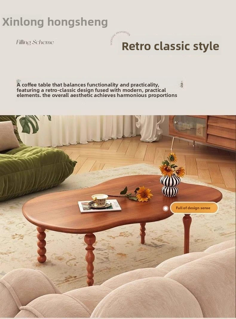 2025New Small Apartment Living Room Home Coffee Table Vintage Solid Wood Walnut French Light Luxury Irregular Shape Low Dining Table