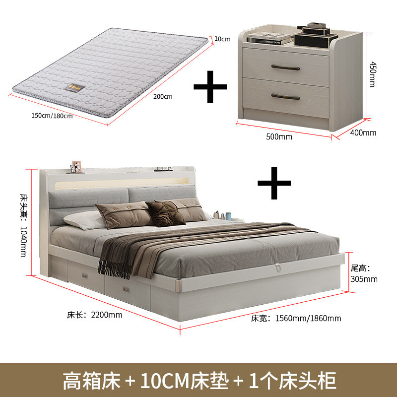 Fabric Bed1.5Small Apartment Master Bedroom Soft Pack Technology Fabric Modern Double Bed White Simple Solid Wood Storage Bed