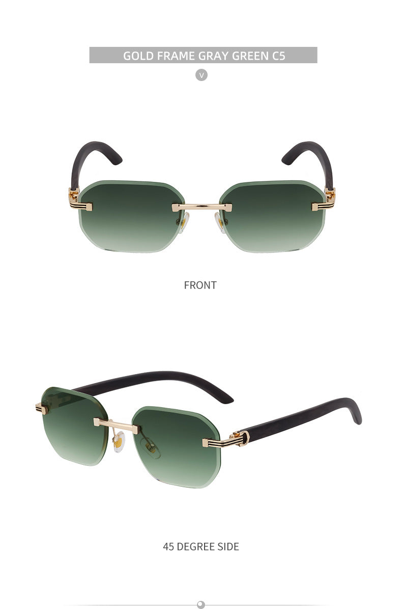 Frameless Glasses for Men High-End European and American Retro Imitation Wood Grain Temple Sunglasses UV Protection Personality Sunglasses