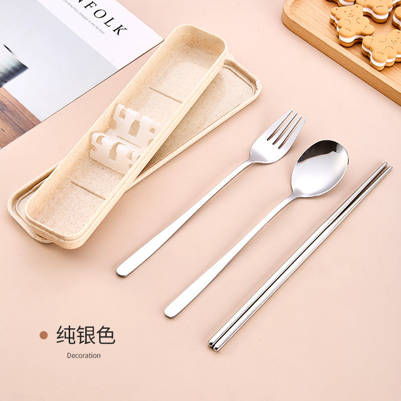 Stainless Steel Korean Portable Tableware Set Spoon Fork Chopsticks Three-Piece Set Student Travel Internet Celebrity Tableware