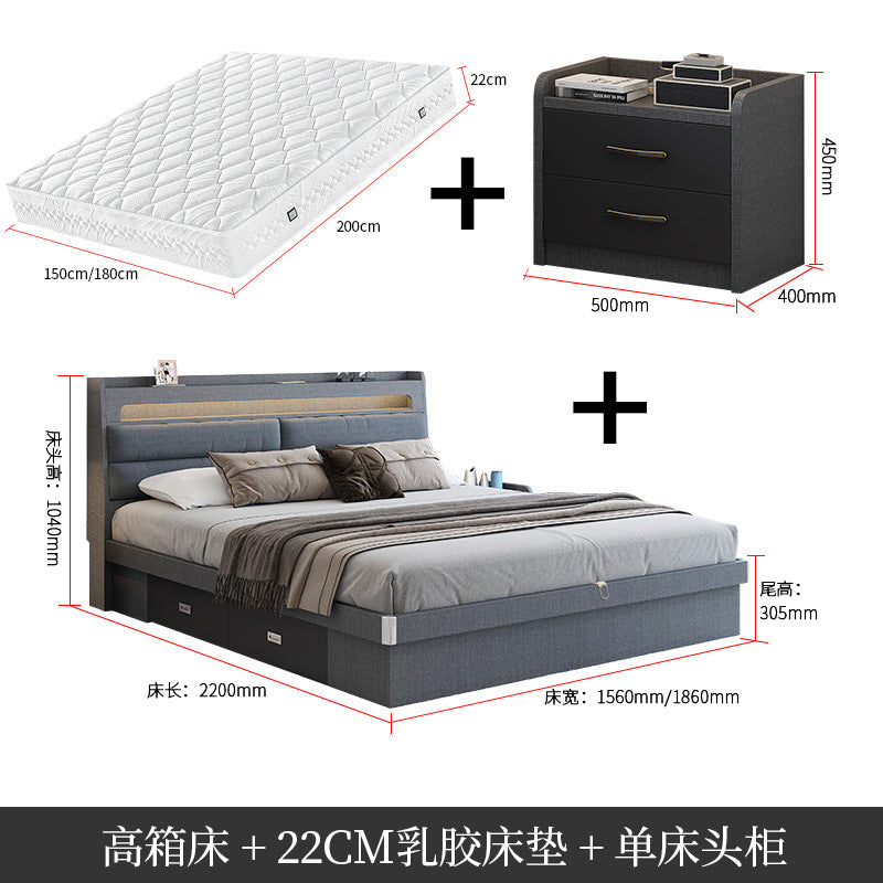 Factory Custom Tech Fabric Bed1.8Gray High Box Storage Bed for Bedroom Double Bed, No Paint Needed, Storage Artifact