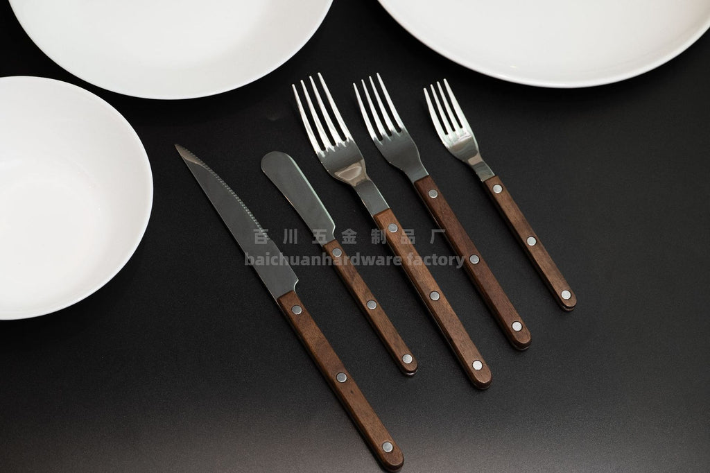 French Style Solid Wood Walnut Handle Western Cutlery Stainless Steel Knife Fork Spoon Wholesale Household Kitchen Western Restaurant