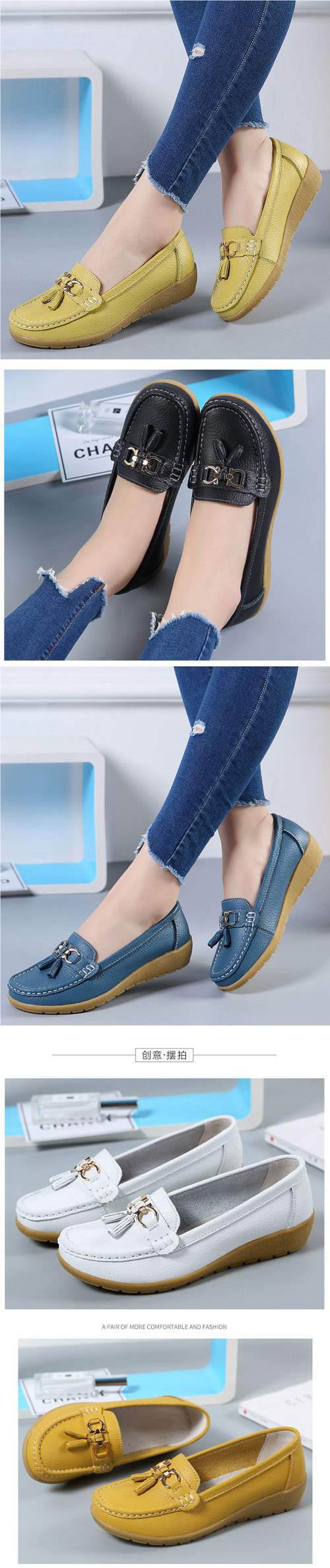 Soft Sole Loafers for Women, Waterproof Leather Casual Wedge Flat Shoes with Rubber Sole for Middle-Aged Moms