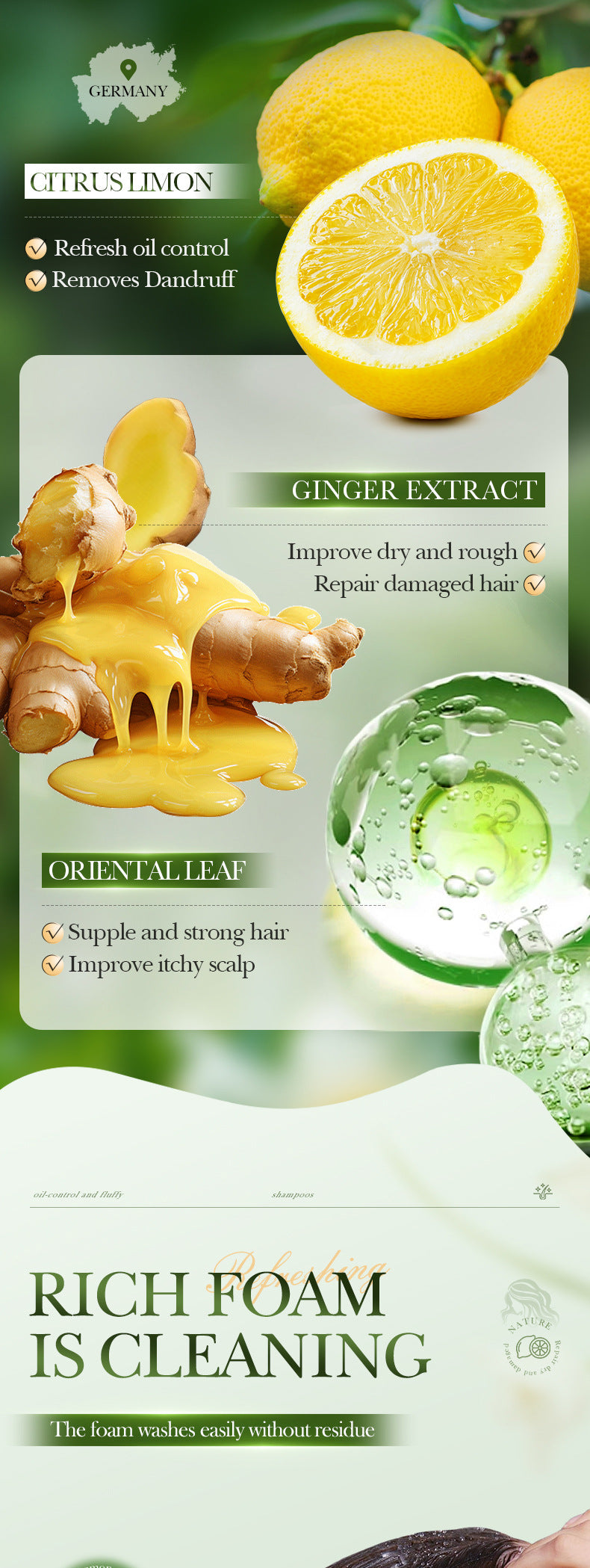 Lemon Ginger Shampoo520ml SADOER Smooth Nourishing Cleansing Shampoo Cross-Border Wholesale