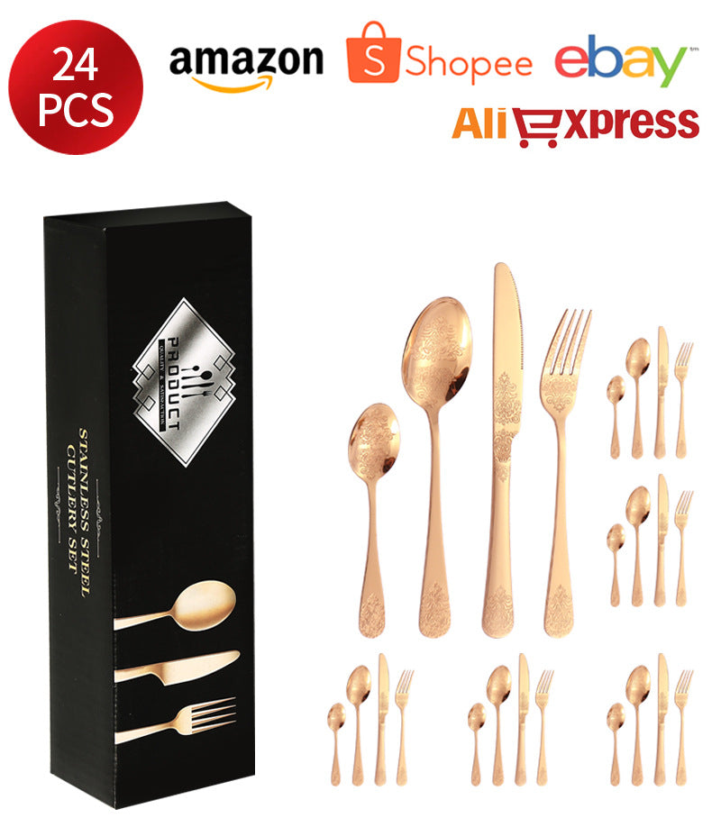 Stainless Steel Cutlery Set1010Double Flower Relief Knife, Fork, and Spoon24Set of Western Steak Knives and Forks