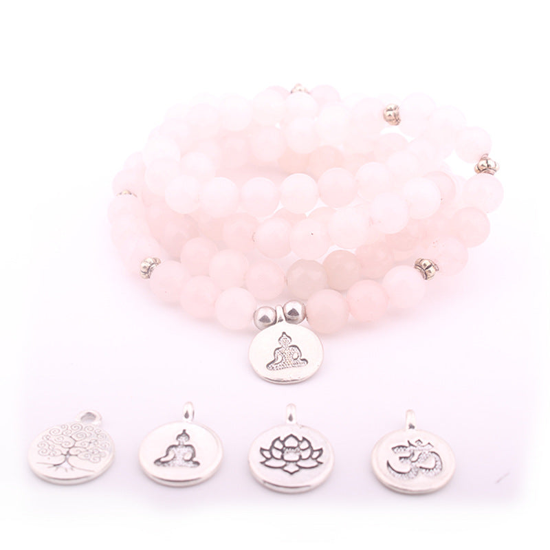 108Pink Quartz Bracelet Lotus Pendant Necklace Bracelet Buddhist Bead Necklace Factory Direct Sale