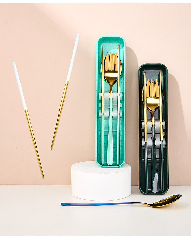 Stainless Steel Korean Portable Tableware Set Spoon Fork Chopsticks Three-Piece Set Student Travel Internet Celebrity Tableware