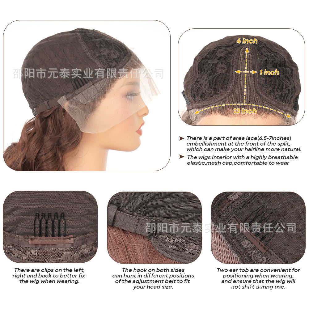13x4x1Foreign Trade Hot-Selling Wig for European and American Women, Front Lace Wig, Synthetic Chocolate Color, Big Curly Rilley Style