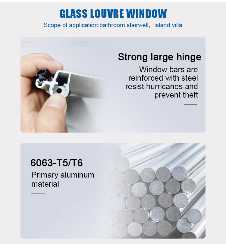 Aluminium Fixed Window With Adjustable Blades Glass Louver Windows for Bathroom