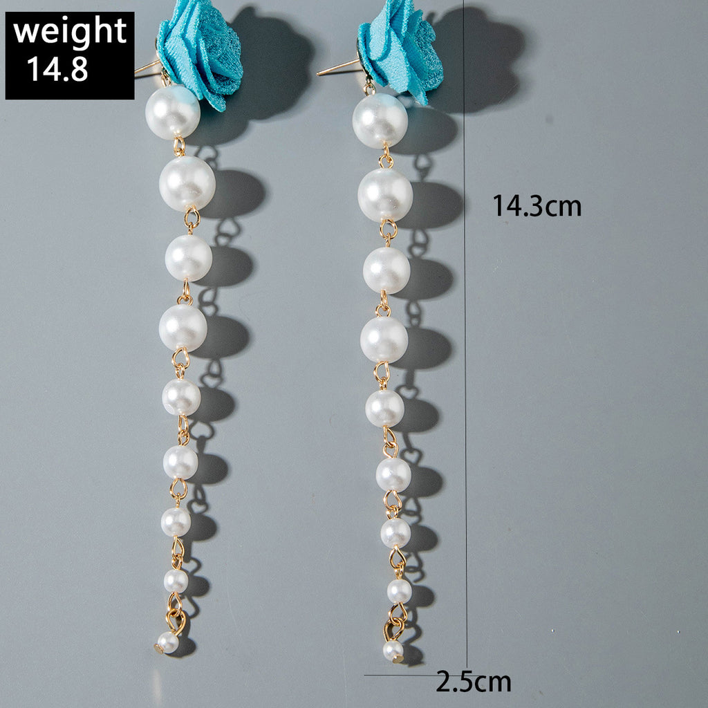 European and American Fresh Fabric Colorful Pearl Earrings Sweet Rice Bead Tassel Tulip Flower Earrings
