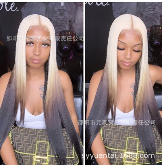 gold Brown Gradient Highlight Synthetic Wig Cross-Border Europe and America Blonde Ombre 13*4 Lace Front