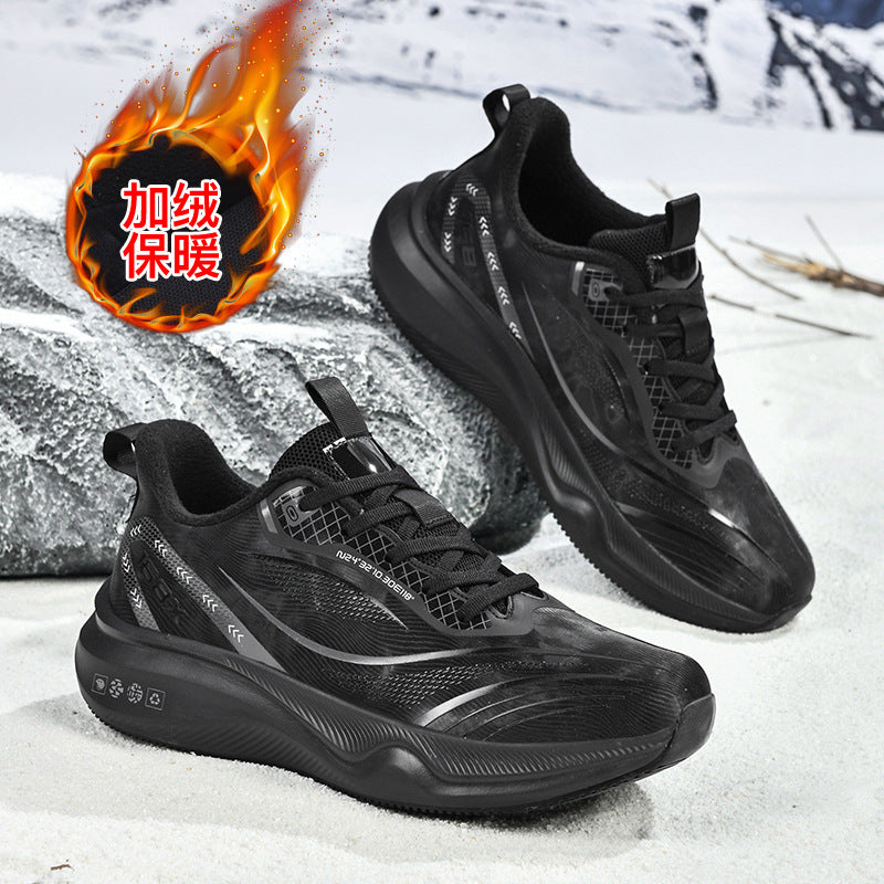 Autumn Winter New Large Size Fashion Leather Surface Fleece Lined Thickened Warm Casual Shoes Real Carbon Plate Sports Running Shoes