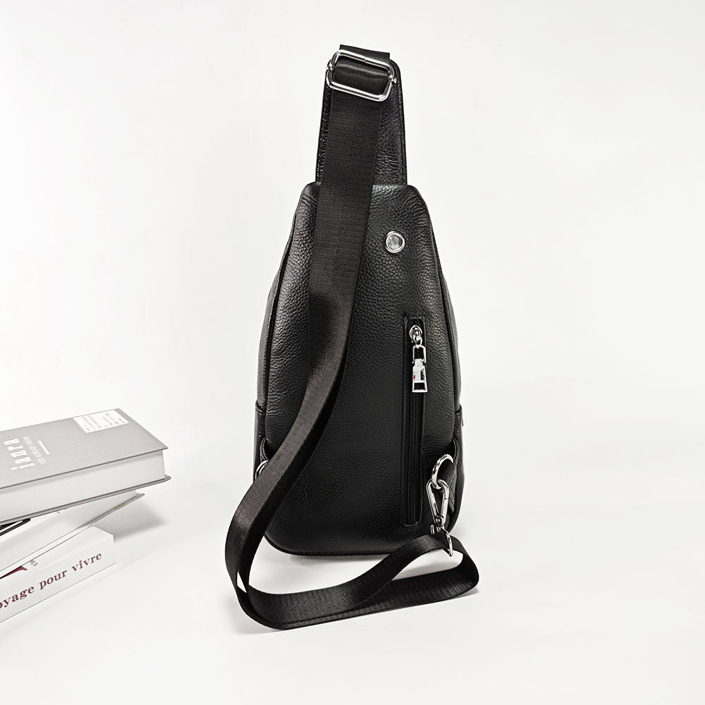 High-End Men's Top Layer Cowhide Multi-Zipper Bag Sports Casual Small Backpack Anti-Theft Genuine Leather Fingerprint Lock Chest Bag