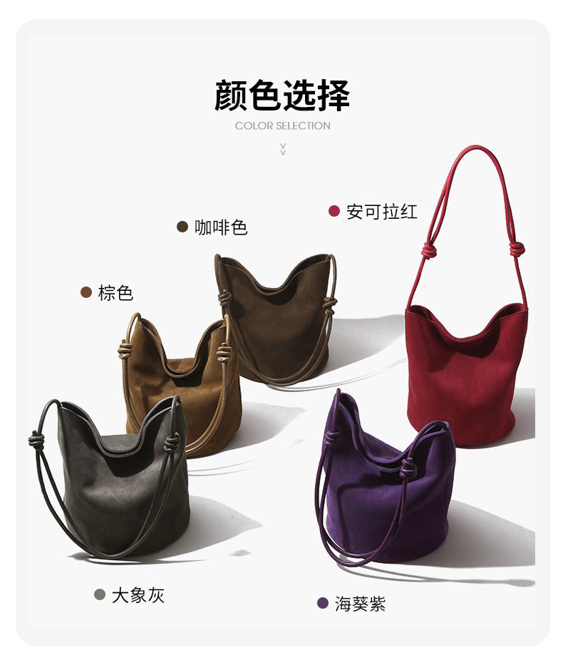 In Stock European and American Suede Underarm Bag for Women New Simple Casual Retro Matte Single Shoulder Crossbody Tote Bucket Bag