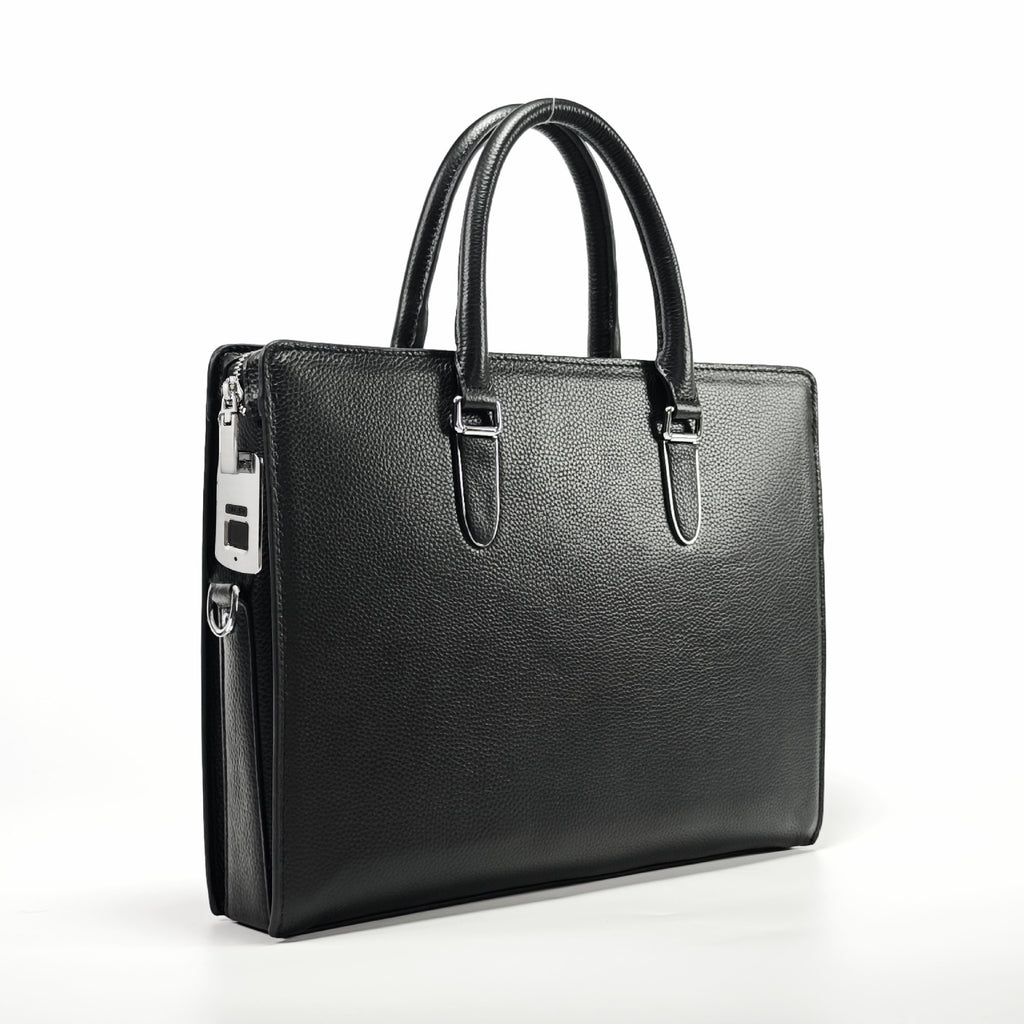 Business Trip Fingerprint Lock Handbag Men's Top Layer Cowhide Large Capacity High-end Feel Men's Business Commuting Genuine Leather Briefcase