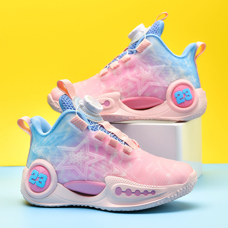 New Girls Light Elastic Damping Children's Shoes Boys Rotating Buckle Luminous fashion Casual Sports Children's Basketball Shoes