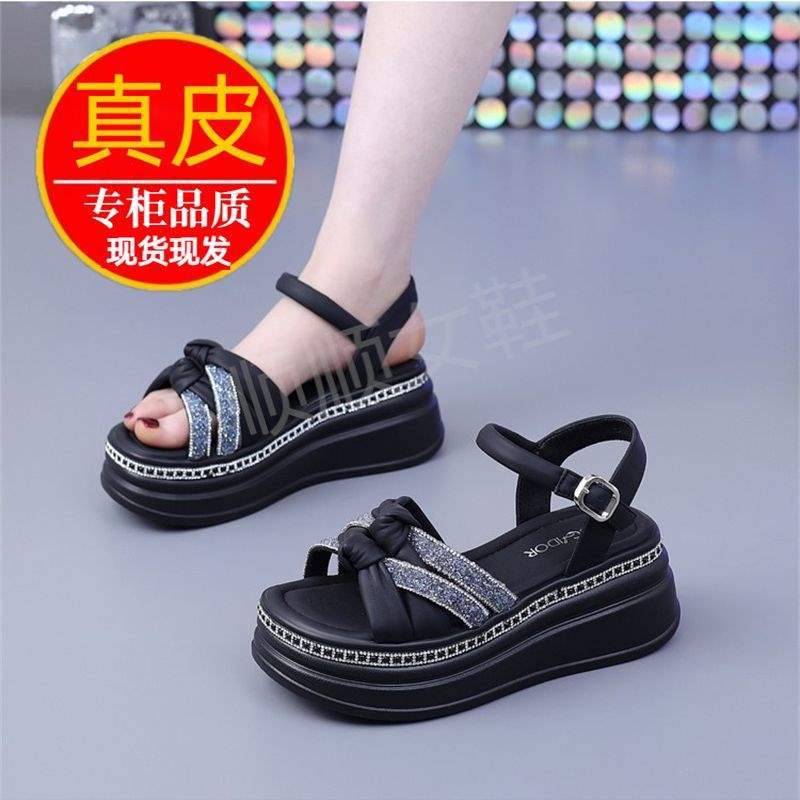 Export Internet Celebrity Women's Sandals2025New Summer Rhinestone Wedge Platform Thick Sole Roman Sandals Trendy