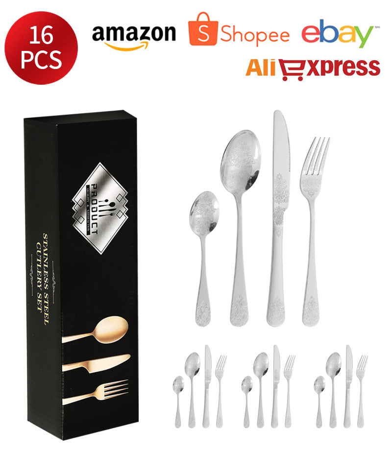 Stainless Steel Cutlery Set1010Double Flower Relief Knife, Fork, and Spoon24Set of Western Steak Knives and Forks