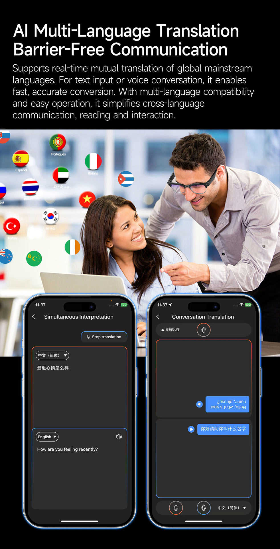 W630Smart Glasses800Megapixel photochromic lens with image stabilization for video recording AI Simultaneous Translation Recognition