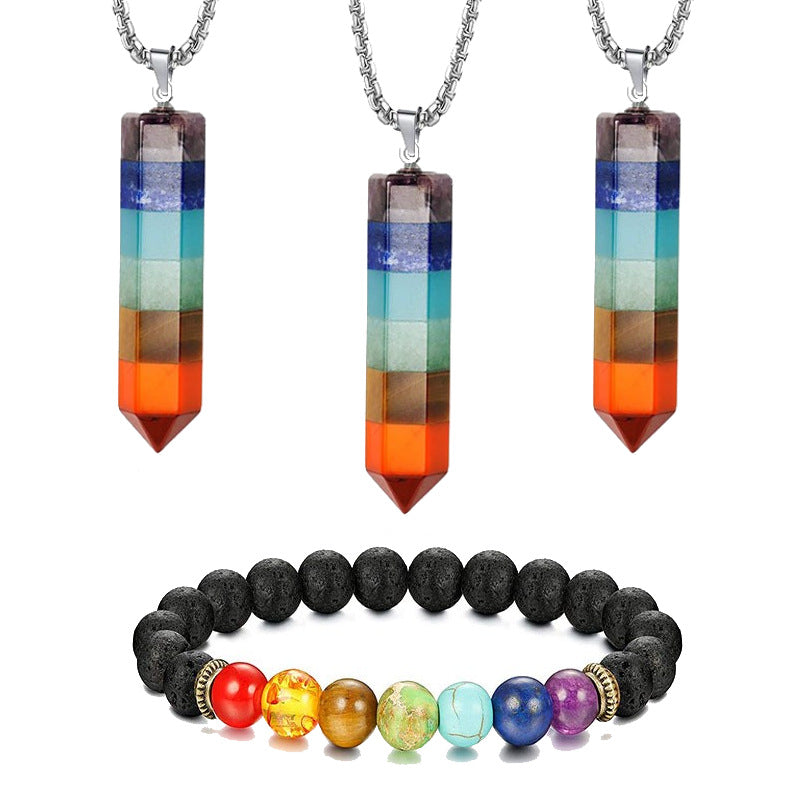 Women's Bracelet Set with Colorful Hexagonal Column, Men's Single Circle Cone Pendant, Natural Crystal Pendant Bracelet Set