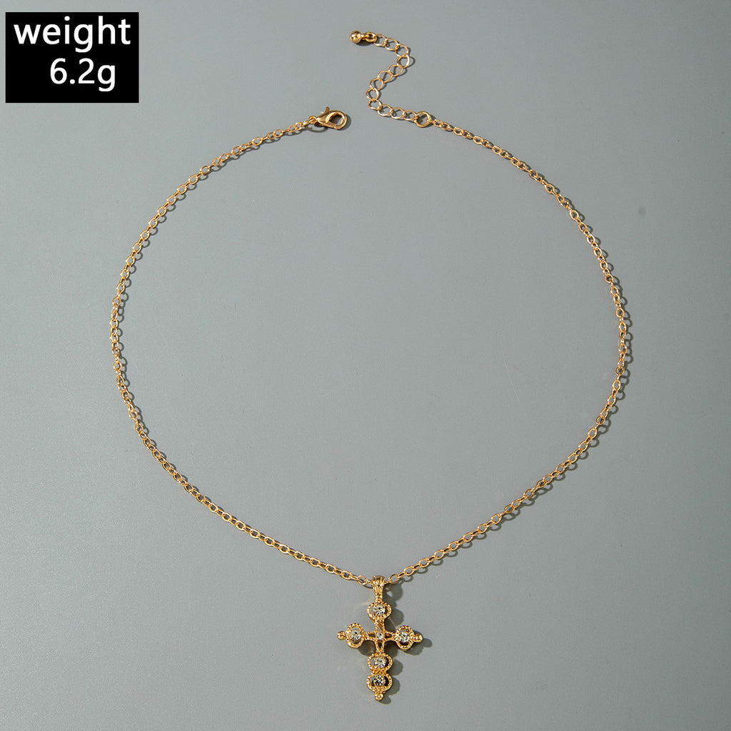 European and American Retro Hollow Diamond Cross Pendant Necklace Gothic Style Black Layered Wear Y Type Necklace
