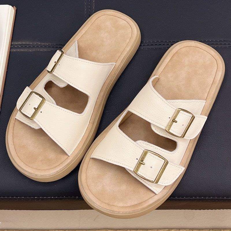 Cowhide Boken Slippers Women's Anti-Slip Soft Bottom2025New summer outer wear French flat beach shoes