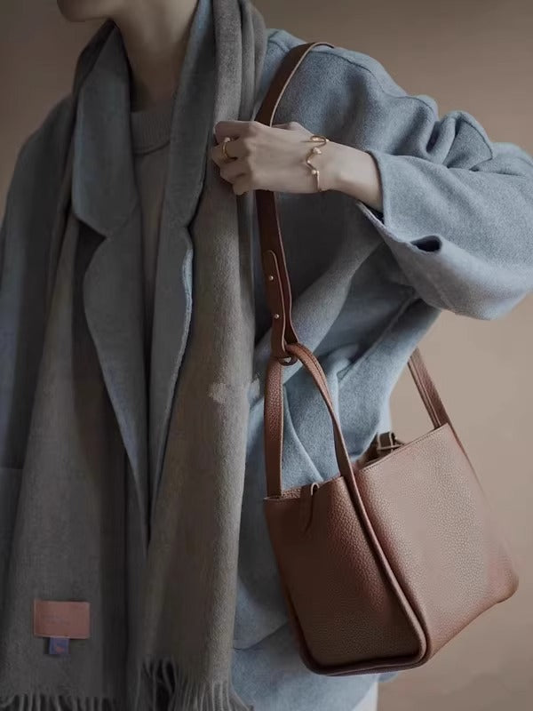 Medium Size Basket Series Women's Bag Top Layer Cowhide Fashion Women's Bag Large Capacity Shoulder Bag Crossbody Handbag Bucket Bag