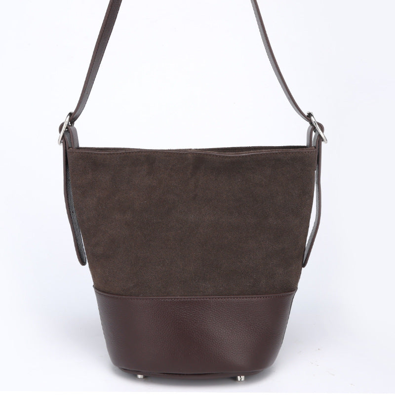European and American Style Matte Single Shoulder Crossbody Bag for Women, Large Capacity Genuine Leather Fashion Versatile Color-Block Handbag Bucket Bag Underarm Bag for Women