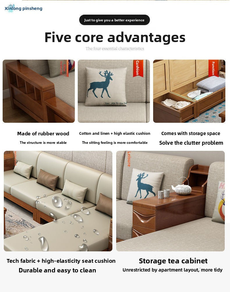 Modern Chinese Style Light Luxury Living Room Solid Wood Sofa Set Small Apartment Three-Seater Rural Wooden Fabric Sofa Bed