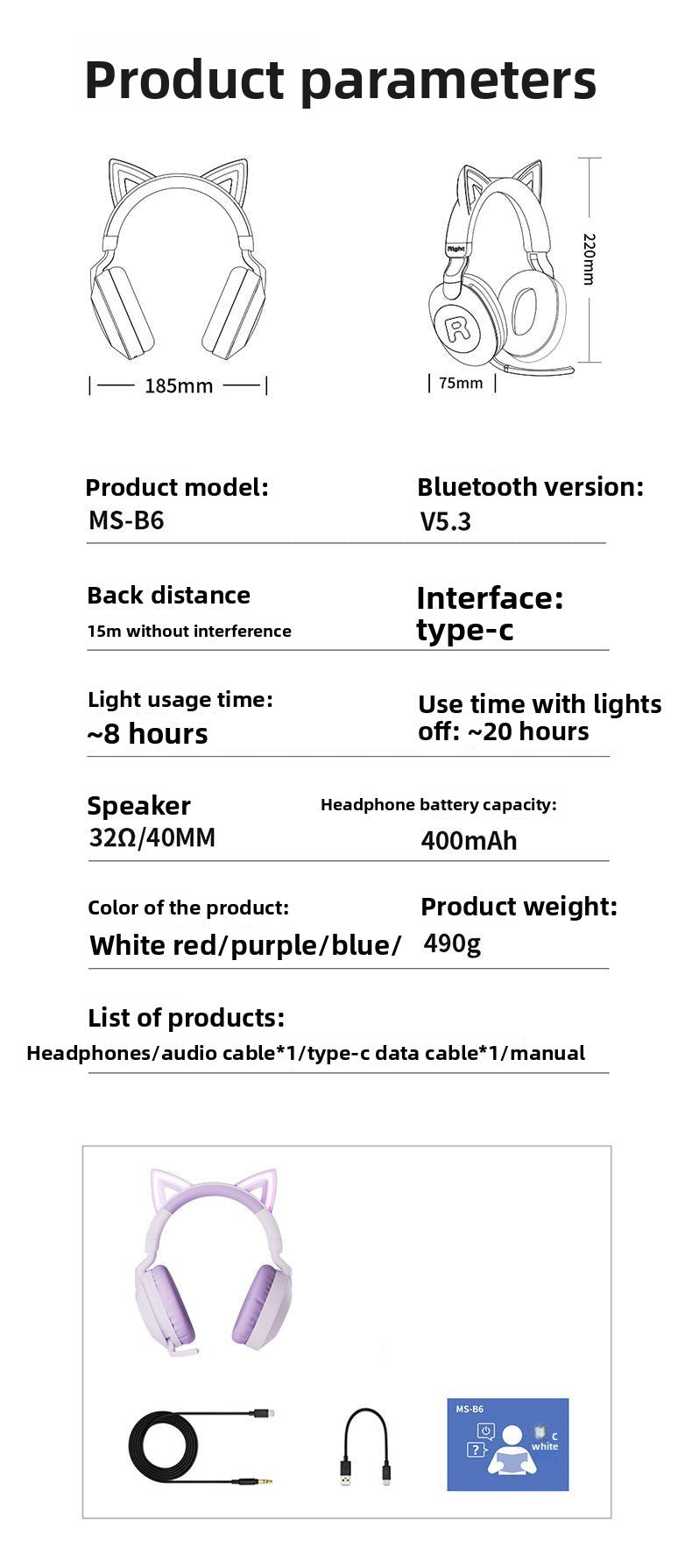 Cat Ear Headband Bluetooth Wireless Headphones with Mic Cute Long Battery Life Adorable Design Cute Cat