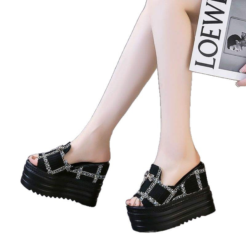 Summer Women's Thick-Soled Waterproof Platform Wedge Slippers with Hidden Height Increase12cm Fish Mouth Beach Sandals for Women