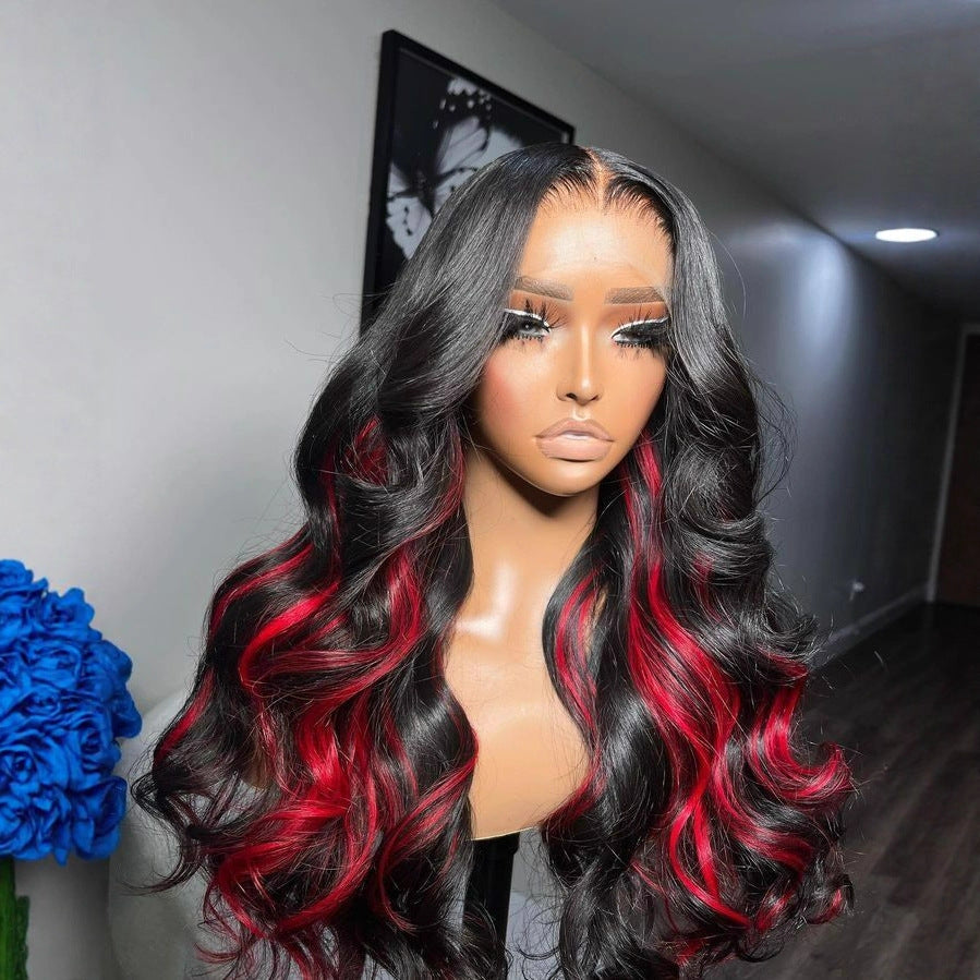 Black With RED Lace Front Wigs 13X4 Body Wave Synthetic Wigs
