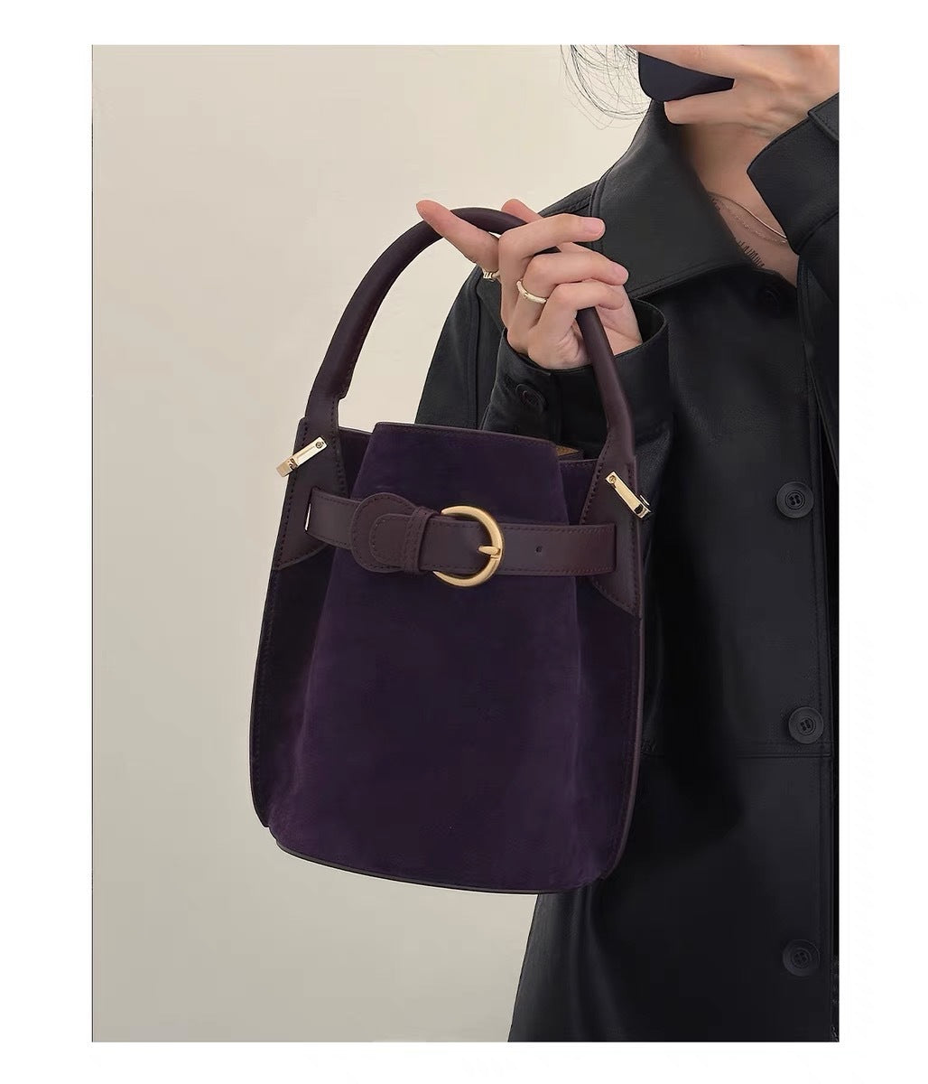 Frosted Leather Bucket Bag Genuine Leather Korean Style Versatile Niche Design Light Luxury Handbag Single Shoulder Crossbody Women's Bag Large Capacity