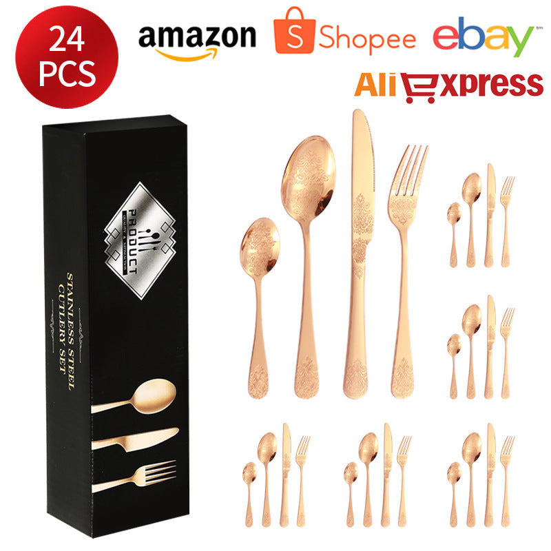 Stainless Steel Cutlery Set1010Double Flower Relief Knife, Fork, and Spoon24Set of Western Steak Knives and Forks