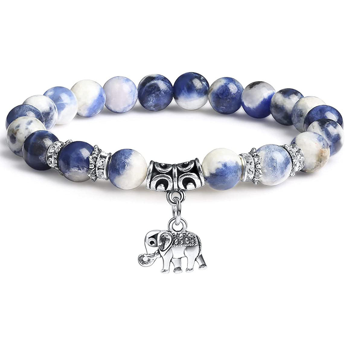 Men's White Pine Bracelet8mm Bead Spacer Tiger Eye Stone Blue Dot Natural Black Agate Elephant Pendant Bracelet