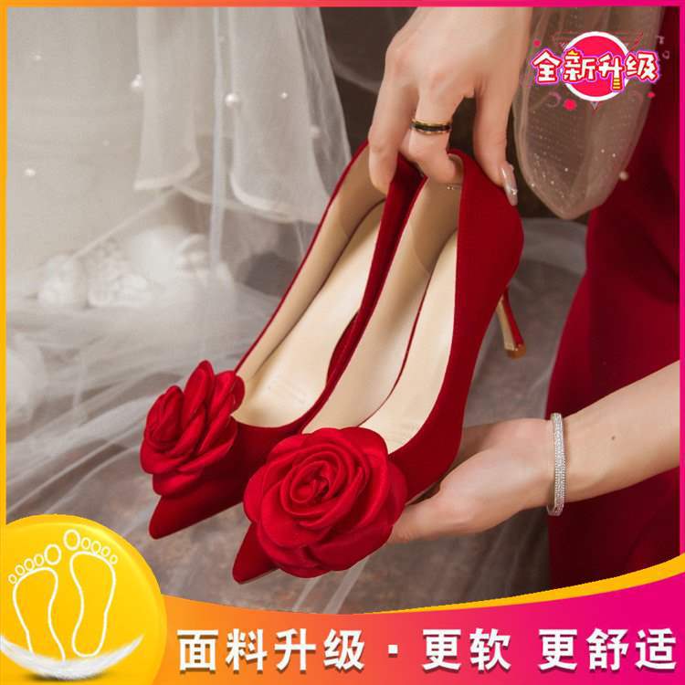 Comfortable French Fairy Red Rose Wedding Shoes Bride Shoes Elegant Satin Thin Heel Pointed High Heels for Women