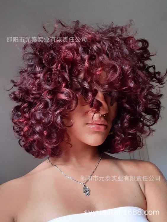 Wine Red Short Bouncy Curly Bob Wig with Bang Human Hair wig