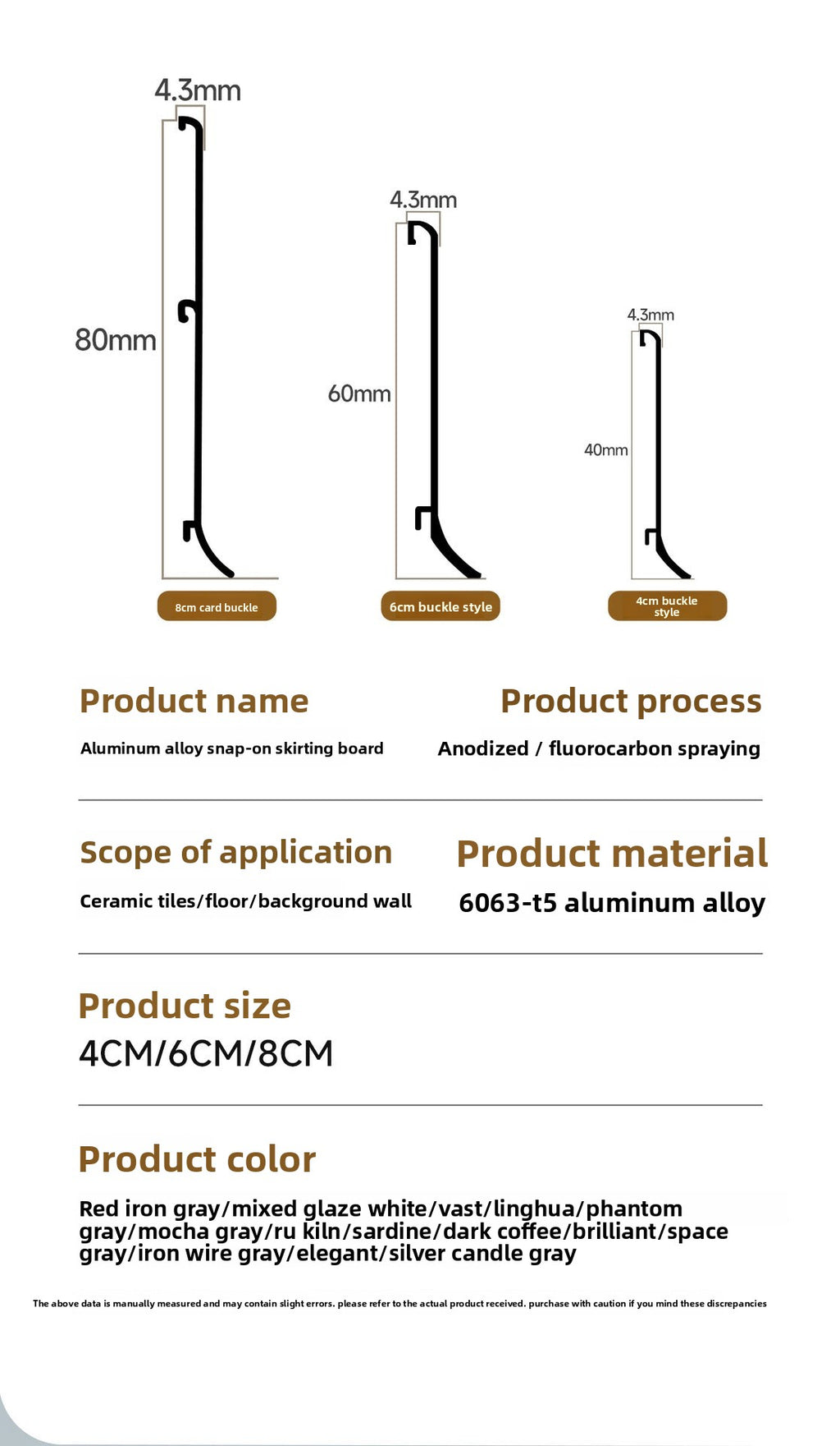 Thickened aluminum alloy skirting board with trendy metal clips for hotels6cm Minimalist Skirting Board