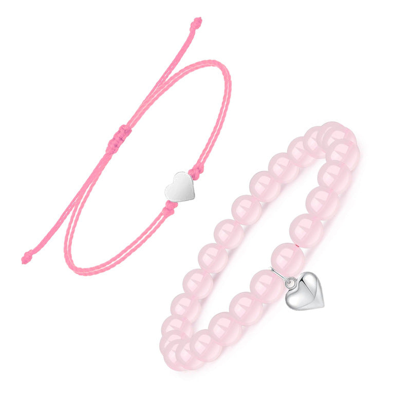 Black Onyx Heart Pendant Bracelet Set Natural Stone8mm Beaded Crystal Bracelet Women's Love Braided Bracelet