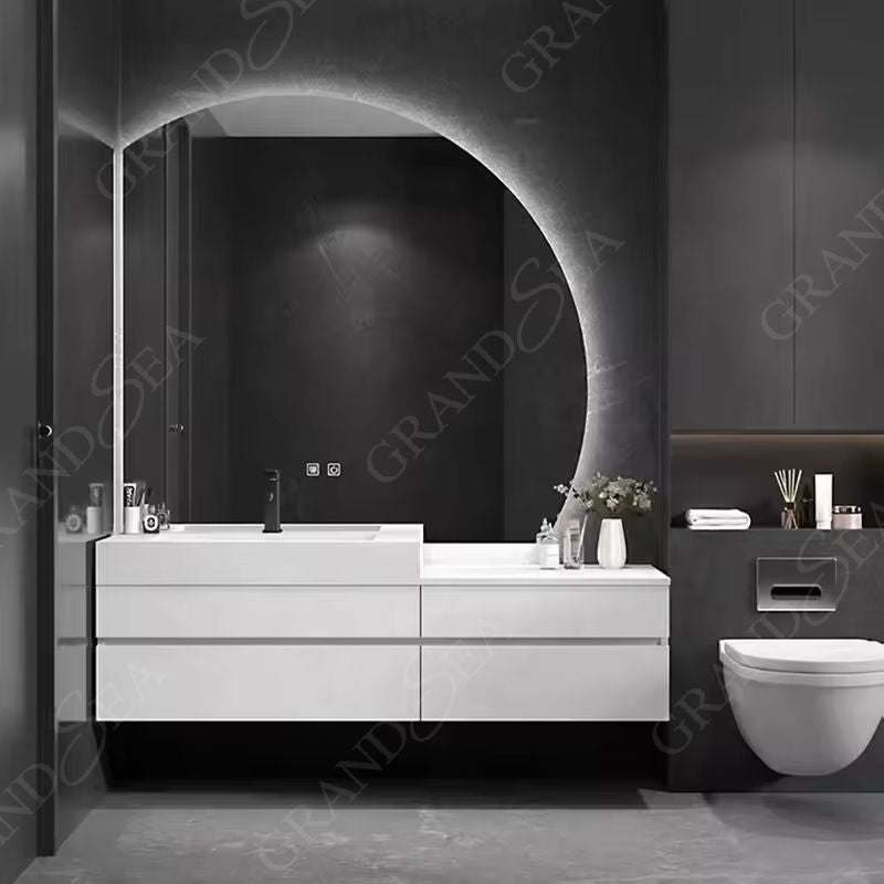 Luxury Solid Wood Bathroom Drawer Storage Vanity Cabinet With Half Moon Mirror Wash Basin for Hotel Bathroom