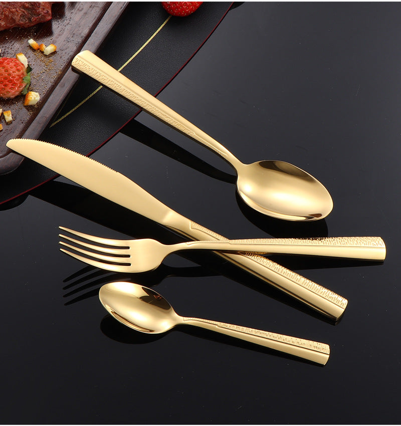 410Stainless Steel Tableware Hotel Restaurant Sand Texture Knife Fork Spoon Tea Spoon24Set of gold Western Steak Knives and Forks