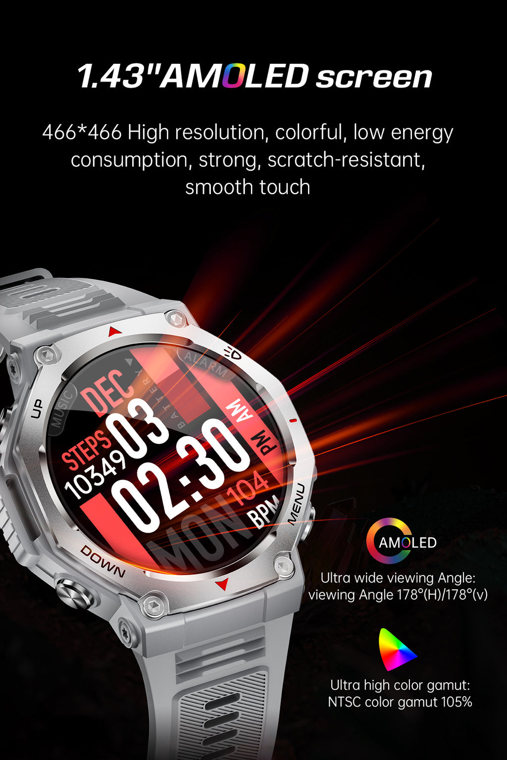 KT85Smart Watch Bluetooth Call True Heart Rate Step Count Sleep Monitoring Flashlight Deep Waterproof Sports Three-Proof