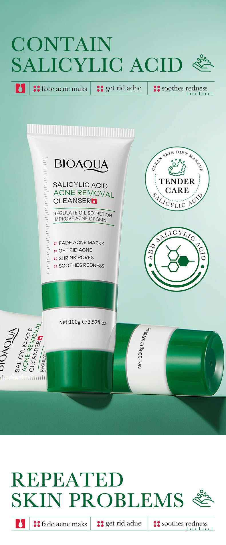 Salicylic Acid Facial Cleanser100g BIOAOUA Deep Cleansing Moisturizing Facial Cleanser  Wholesale