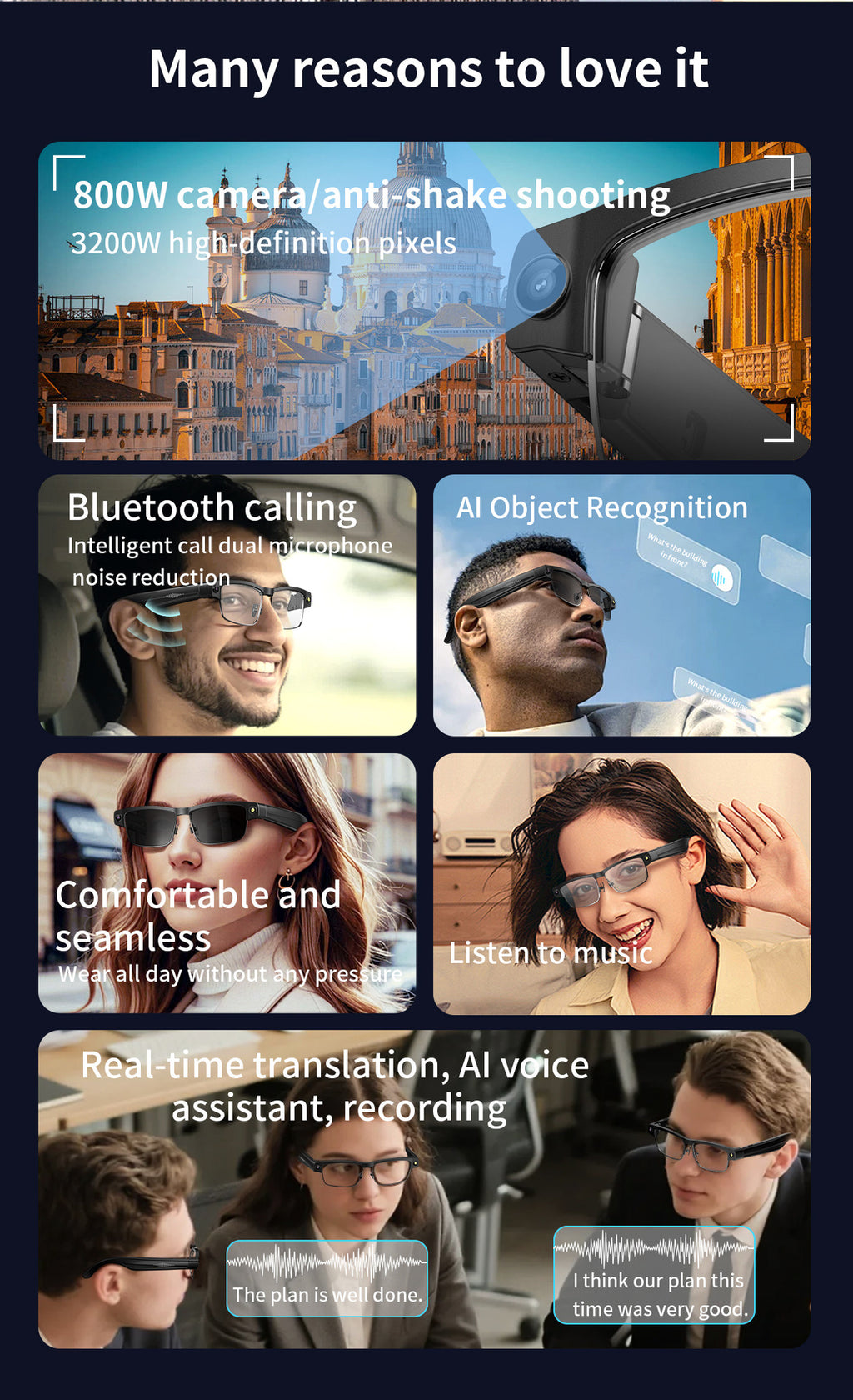 L802Smart Glasses800100 Megapixel Camera with Image Stabilization1200P Video Recording Half Frame Color Changing Sunglasses Translation