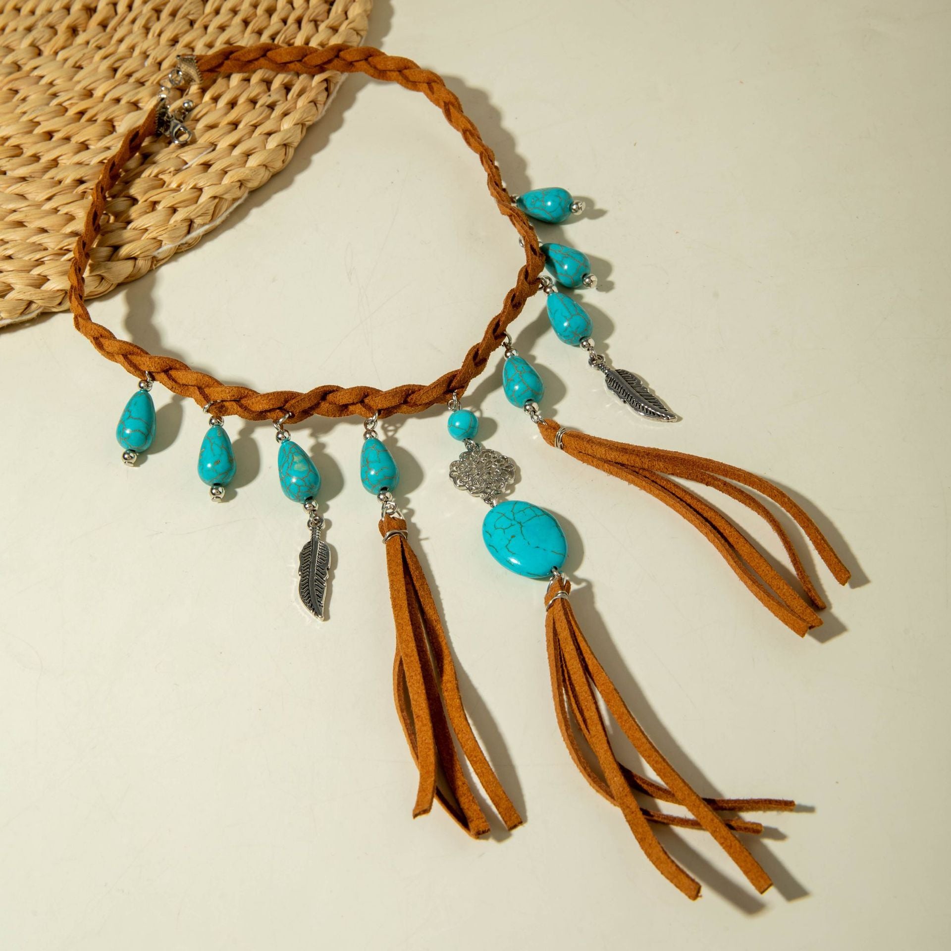 European and American Retro Turquoise Pendant Sweater Chain Design Heart-shaped Women's Autumn Winter Long Tassel Y Type Necklace