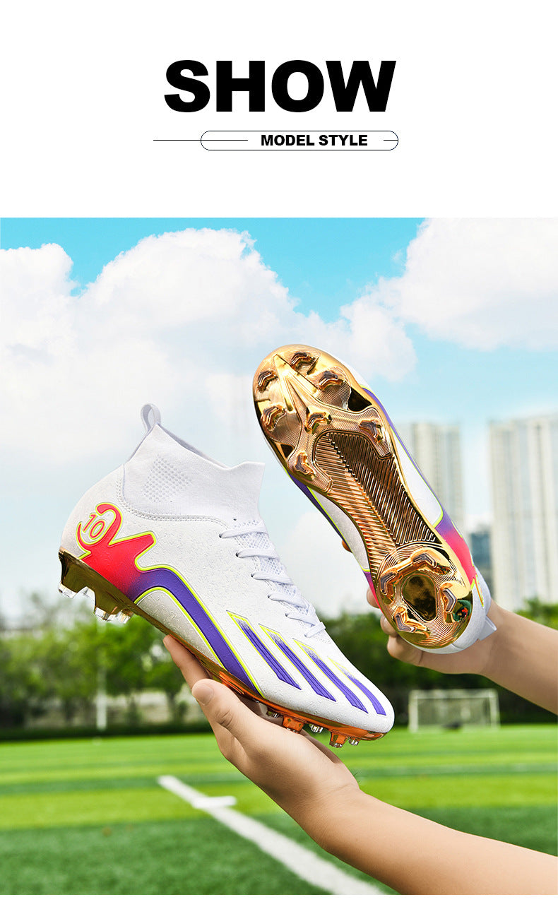 Gold-Plated Sole Men's Football Shoes with Studded Spikes AG Long Spike Shoes for Older Children, Middle and High School Students, Adults, Competition Training Sports Shoes