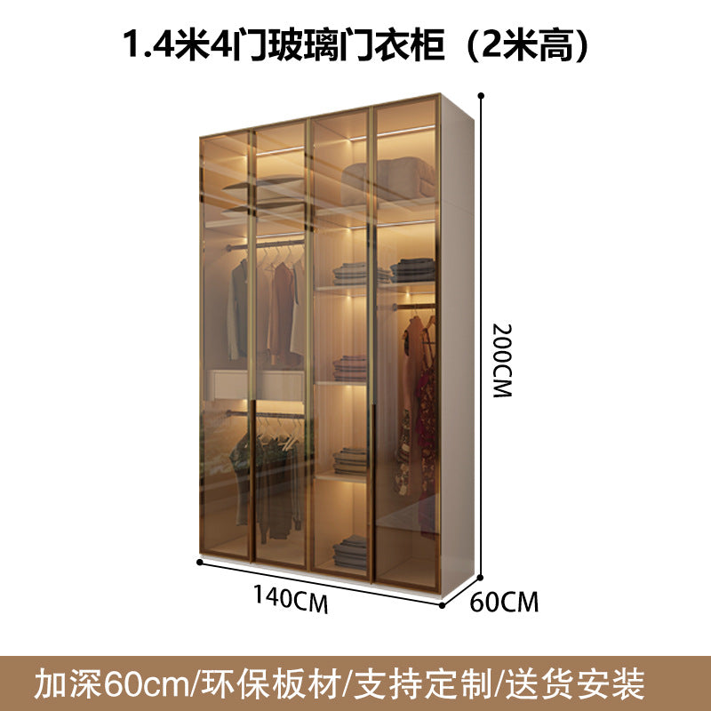 Glass Door Wardrobe with Lights, Solid Wood, Home Bedroom, Modern Simple European Pine Board, Cream Color, Skin Feel Storage, Large Wardrobe